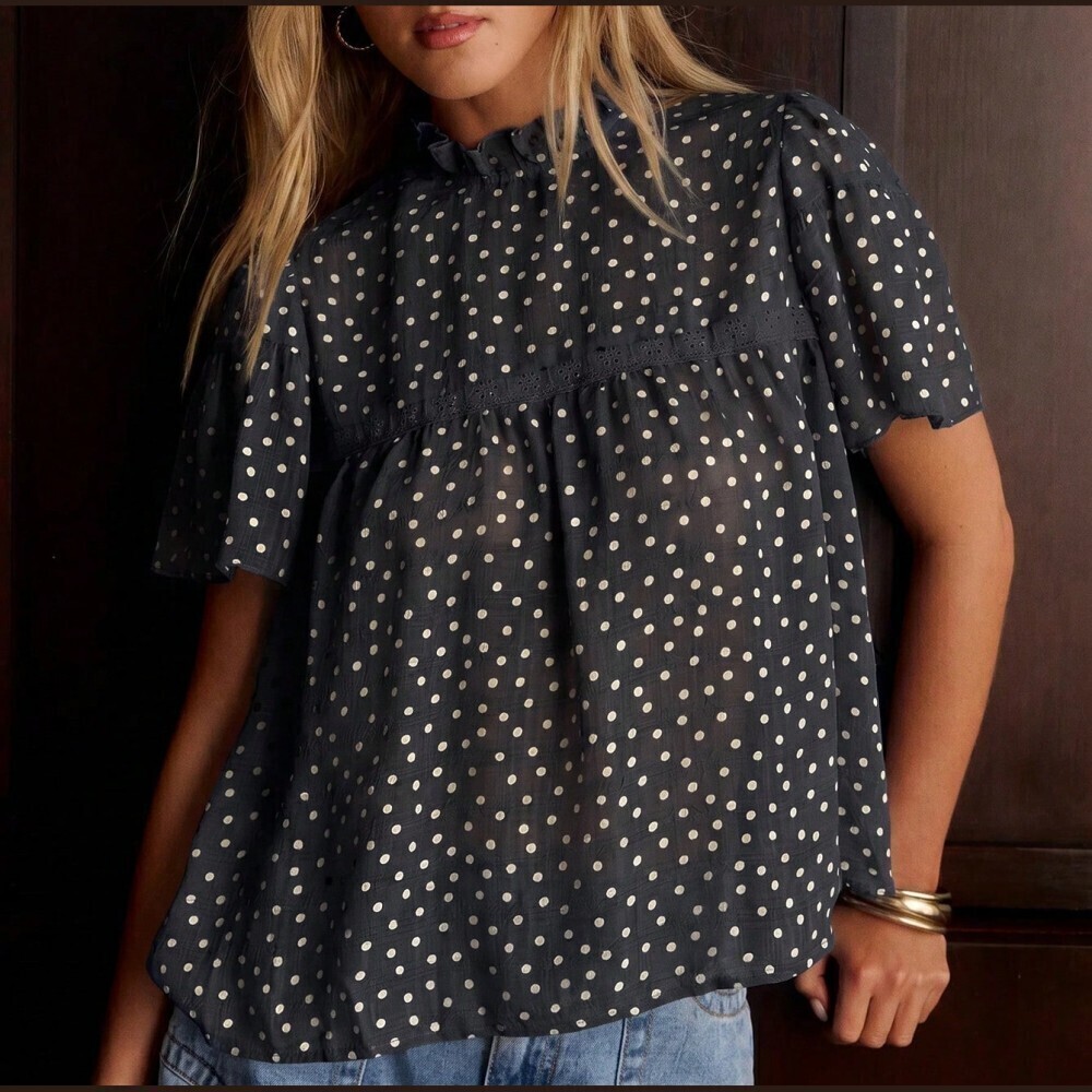 Black Metallic Gold Polka Dot Sheer Babydoll Blouse